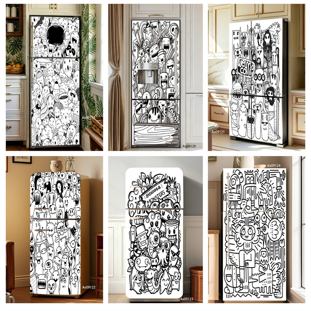 Full Cover Adhesive - Czarno-biała grafika liniowa, doodle, potwór, naklejka